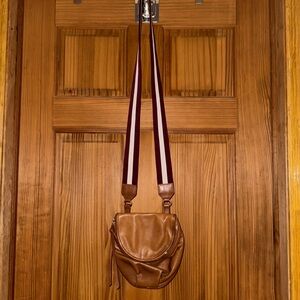 Etienne Aigner cross body bag Tan leather with thick canvas striped strap